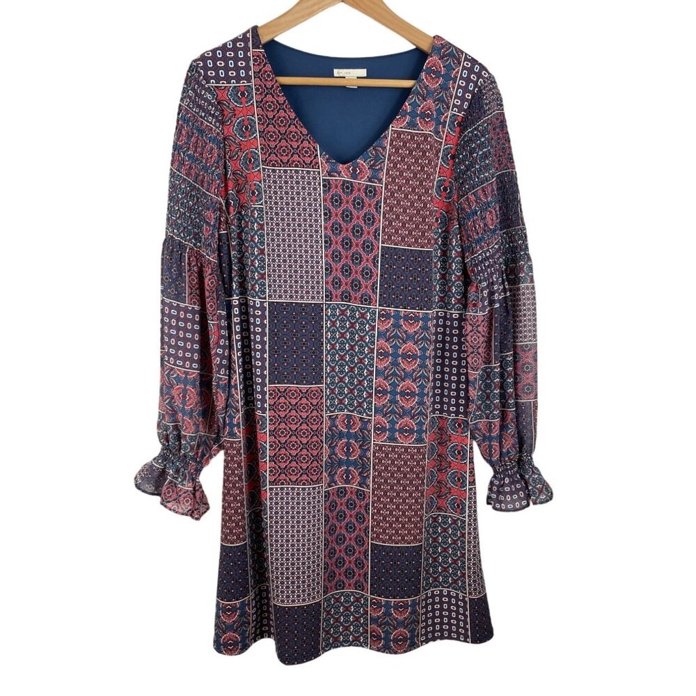 Cato Blue & Red Patchwork Long Balloon Sleeve Lined Dress Womens Size Small